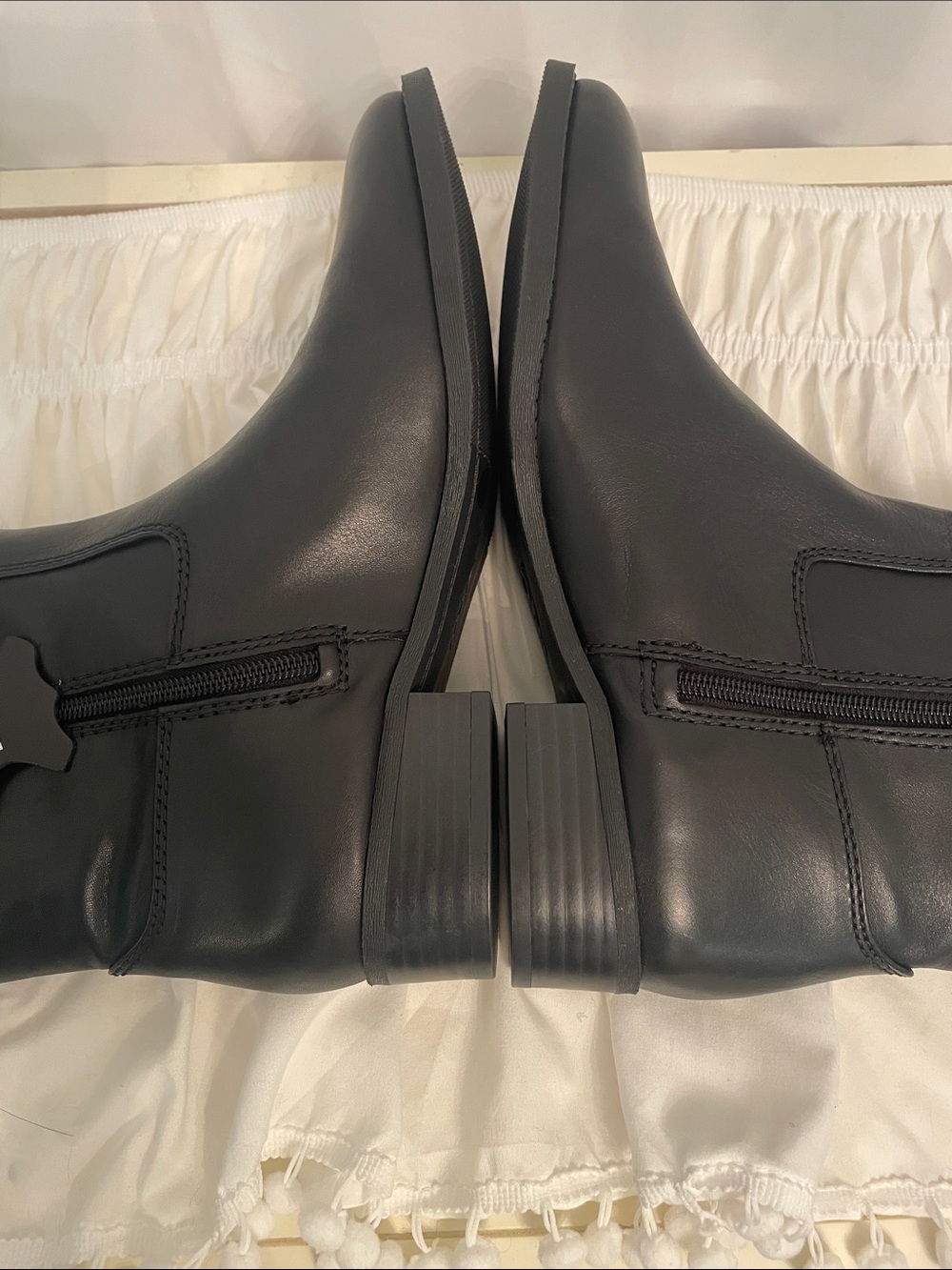 INC Black leather Riding Boots, Wide Calf, 18” Tall, 1” heel, side zip top loops - Picture 9 of 16